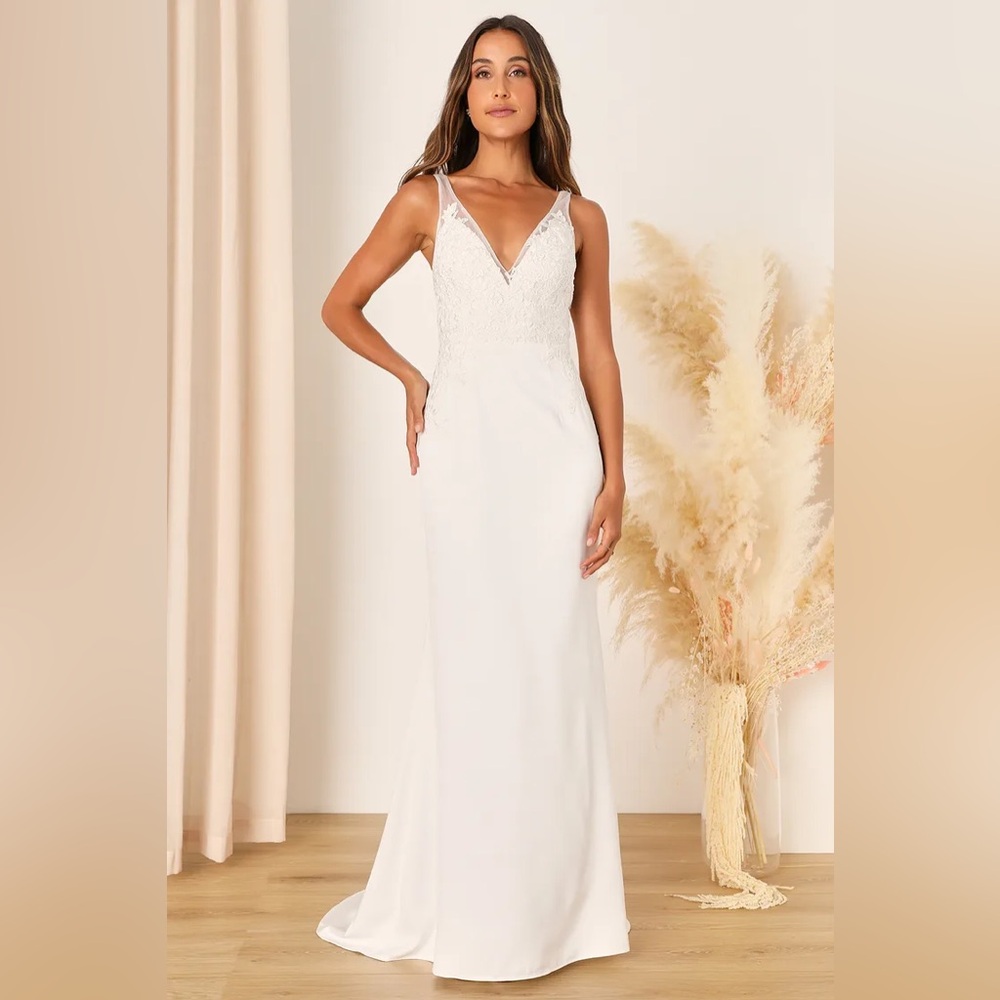 New Lulus Precious Promise White Satin Embroidered Lace Mermaid Maxi Dress XS